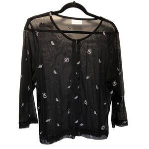 Christie & Jill, Sheer Black blouse with motif print, 3/4 sleeve, size M/L